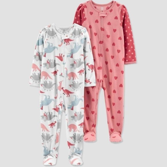 Carter's Just One You Girls Sizes Dino Animal & Heart Print Footed Pajamas 2PC - Picture 1 of 4